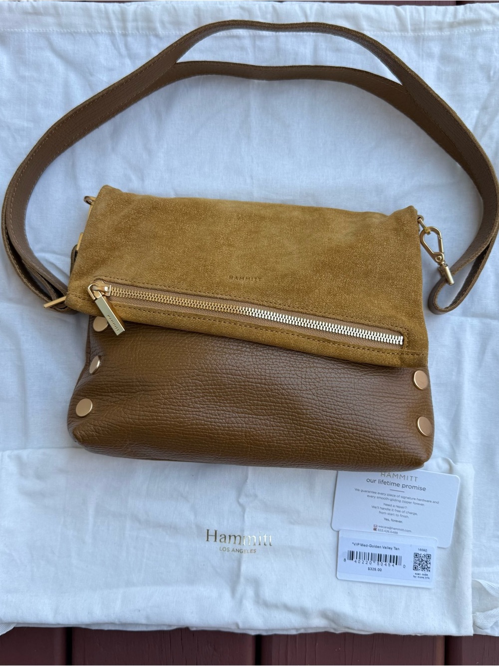 Hammitt VIP Medium Golden Valley Tan Suede Crossbody Bag Brushed Gold NWT